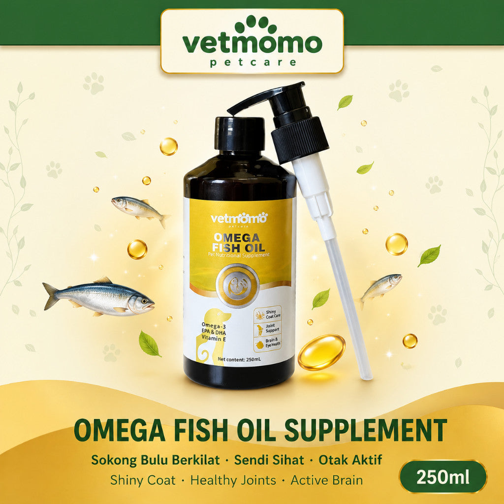 VETMOMO OMEGA FISH OIL – SUPLEMEN PEMAKANAN HAIWAN KESAYANGAN (250ml) Minyak ikan Omega-3 khas untuk kucing & anjing